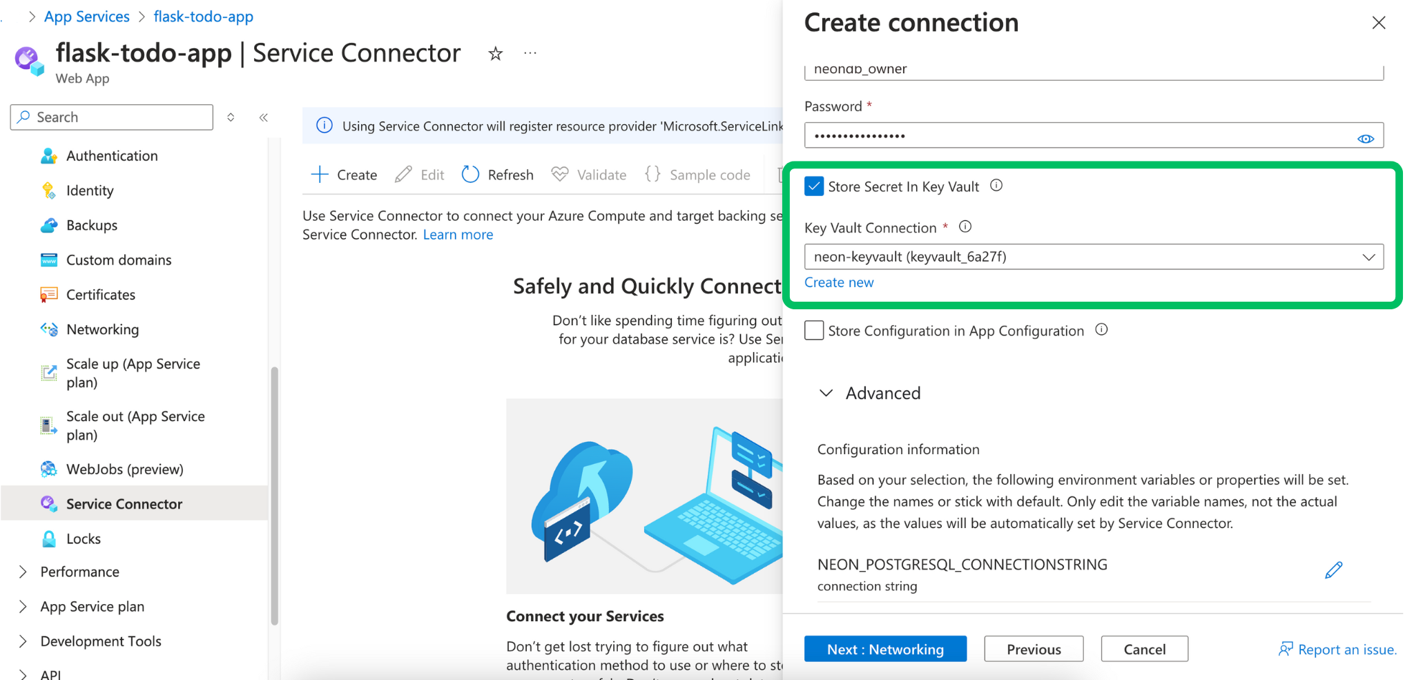 Select Store secret in Key Vault
